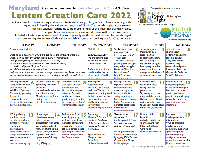 2022 Lenten Creation Care Calendar – Christ Congregational Church